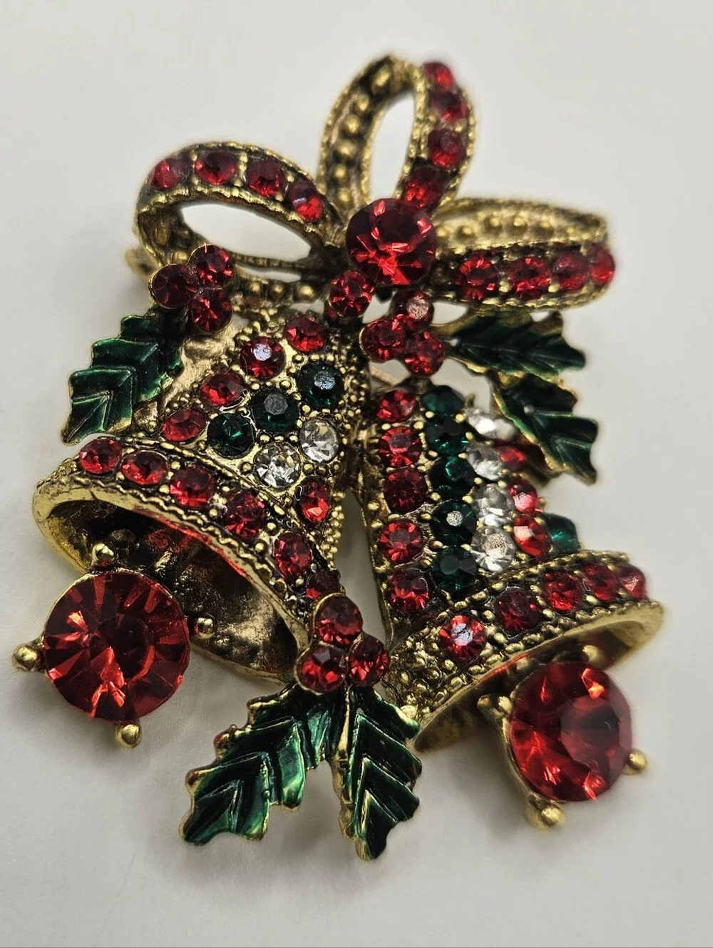 Vintage Christmas Bells Trembler Brooch Pin Moving Clapper Rhinestone Bow Jewelr